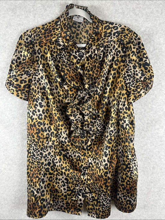 Worthington Tops - Worthington Leopard Print Ruffled Satin Blouse - Gold, Black, Brown Plus Size 2X